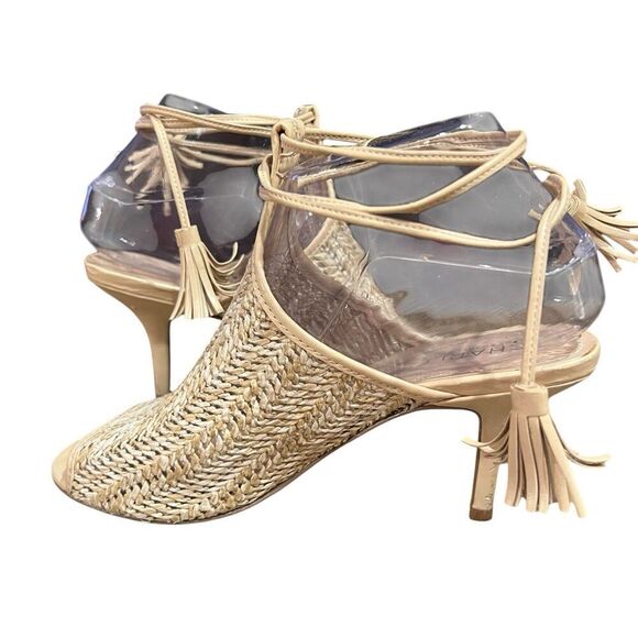 Womens Peep Toe Sandals Size 6 Natural Woven Heel Beige Niko Charles David - Picture 3 of 6